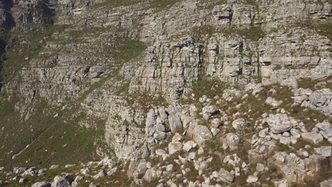 medium-wide-drone-view-of-Table-Mountain-rock-formation-in-the-late-afternoon-sun-with-steep-cambrian-sandstone-rock-formations,-cliffs,-quartzite,-and-tectonic-lines-of-the-Cape-Supergroup