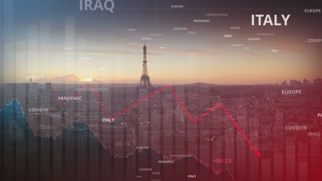Covid-19-causing-a-the-economics-and-share-prices-to-decline,-European-stock-market-in-bear-mode,-double-exposure,-with-the-Eiffel-tower-and-Paris-city-in-the-background---3d-render-animation