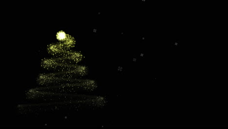 Animated-graphic-of-golden-Christmas-tree-on-black-background-with-snowflakes