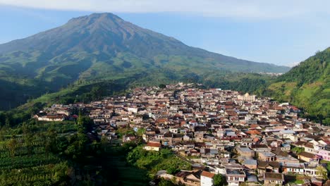 Picturesque-village-at-foot-of-Mount-Sumbing,-Java-Indonesia,-aerial-view