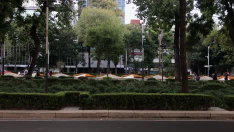Paseo-De-La-Reforma-Avenue-Mit-Zentralem-Mittelstreifen,-Geschmückt-Mit-Wunderschönen-Orangefarbenen-Ringelblumenblüten-In-Der-Innenstadt-Von-Mexiko-Stadt