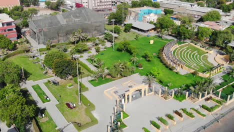 Aerial-View-Over-Jahangir-Park-Beside-Depot-Lines-Road-Next-To-Empress-Market-In-Karachi