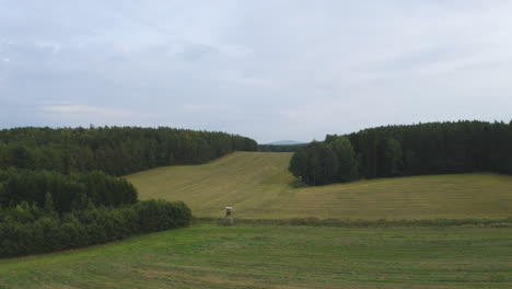 Zwei-Kleine,-Einfache-Hölzerne-Außenposten-Stehen-Zwischen-Dichten-Wäldern-Und-Einem-Riesigen-Landwirtschaftlichen-Feld-In-Einer-Typischen-Naturlandschaft-In-Tschechien-Im-Sommer,-Darüber-Blauer-Himmel,-Zoomende-4K-Luftaufnahme