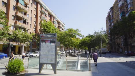 Metro-entrance-with-escalators-in-a-boulevard-of-Barcelona