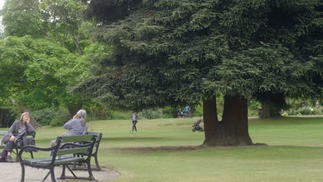 People-socially-distanced-chatting-and-walking-in-Sheffield-Botanical-Gardens,-England-on-an-overcast-day-during-COVID-19-pandemic