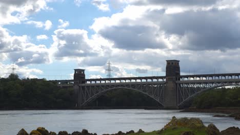 Cloud-Timelapse-over-Britannia-Bridge,-Anglesey,-North-Wales