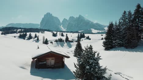 Meadow-with-hut-and-mountain-view-in-winter