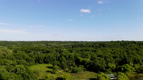 Midwest,-USA---Lush,-Green,-and-Flat-landscape-with-Horizon---Blue-Skies,-Aerial-Drone-Flying-View