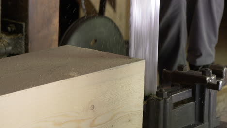 Sawtooth-sawing-block-of-wood-in-workshop-factory,close-up-shot---prores-footage