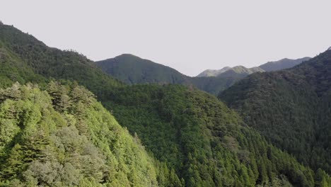 Aerial-drone-shot-of-Japanese-mountain-with-trees-and-light-from-the-setting-sun