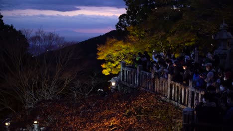 Dense-crowds-of-onlookers-with-facemasks-taking-pictures-of-autumn-colors-at-night