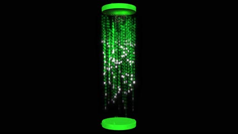 Green-digital-data-matrix-effect-falling-from-within-a-circular-platform-on-black-background-3D-animation