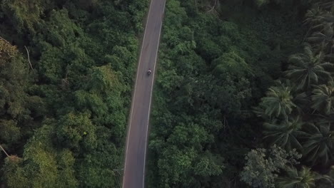 Birds-eye-view-of-motorcycle-driving-on-lush-jungle-road-in-Goa,-India
