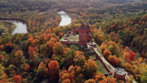 Aerial-view-of-Turaida-Castle-in-Vidzeme,-Latvia