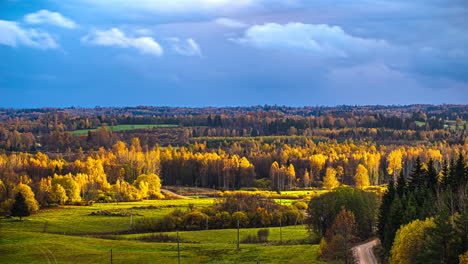 Timelapse-of-green-and-yellow-autumnal-forest-landscape-view,-nature-background