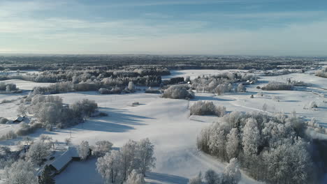 Drone-flyover-beautiful-winter-scene-with-snow-covered-trees-and-fields-during-sunny-winter-day