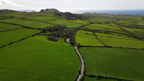 Verdant-meadows-of-English-countryside-and-sea-in-background,-Aerial-forward