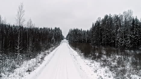 Drone-shot-flying-over-a-snow-covered-road-in-a-pine-tree-forest,-Latvia