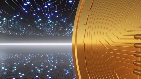 Gold-Bitcoin,-cryptocurrency-coin,-3D-model-with-blockchain-network-connection,-cyberspace-with-neon-lights,-and-camera-passing-by-3D-animation