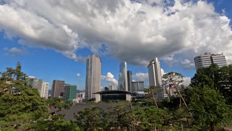 Clouds-formation-timelapse-over-WTC-Seoul-Trade-Tower-and-Coex-Convention-and-Exhibition-Center,-Intercontinental-Hotel-and-Asem-Tower-building-view-from-the-hilll-of-Bongeunsa-Temple