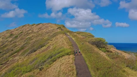 Aerial-view-of-hikers-going-up-trail-to-reveal-Pacific-Ocean-on-Oahu