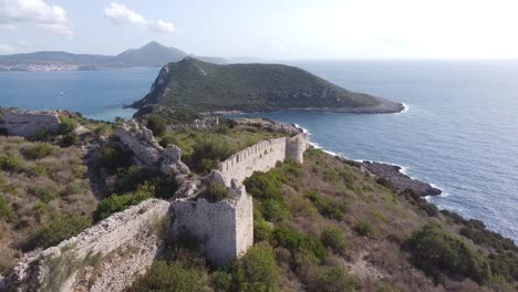 Navarino-Castle-and-Ruin-Wall-at-Voidokilia-Beach,-Peloponnese,-Greece---Aerial