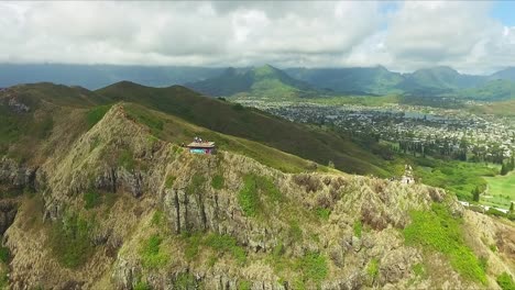 Pullback-aerial-view-of-Lanikai-pillbox-on-Oahu-Hawaii-on-a-sunny-day