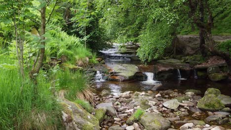 Peaceful-moorland-stream-in-the-Derbyshire-Peak-District-with-water-flowing-over-small-and-large-rocks