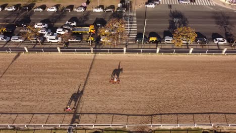 Jockeys-on-horses-with-long-shadows-on-track,-aerial-view