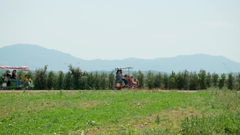 Family-Riding-Four-Wheeled-Electric-Bicycle-At-Anseong-Farmland-With-Mountain-In-The-Background