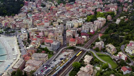 Santa-Margherita-Ligure-City-and-Railway-Traffic,-Aerial-Drone-View