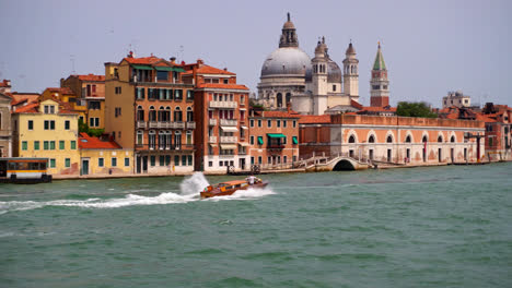 Motorboat-In-Speed-In-The-Venetian-Lagoon,-Venice,-Italy---POV