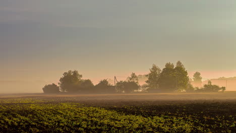 Timelapse-shot-of-beautiful-autumnal-sunrise-with-mystic-fog-over-agricultural-fields-in-the-morning