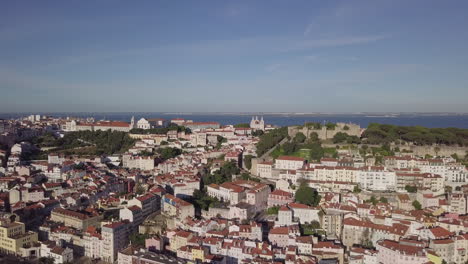 Aerial-drone-shot-flying-over-downtown-Lisbon-in-Portugal