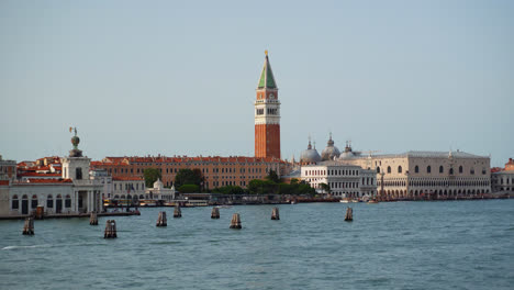 View-From-The-Sea-Of-Bell-Tower-Of-St-Mark's-Campanile-In-Venice,-Italy---wide