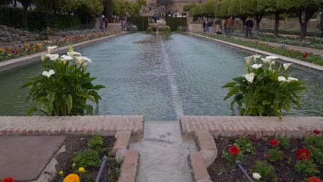Slow-tilt-up-over-water-fountain-at-Alcazar-Gardens-in-Cordoba,-Spain