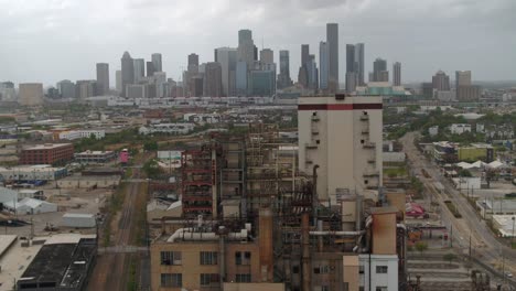 Panning-aerial-shot-of-city-of-Houston-from-Houston-East-End
