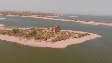 Drone-captures-an-aerial-view-of-the-stunning-Chotiari-Dam-in-Sanghar-District,-Sindh,-Pakistan
