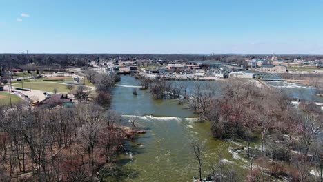Aerial-view-over-Fox-River-and-Kaukauna-small-town-in-Wisconsin
