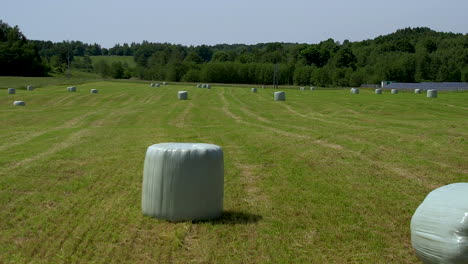 Hay-bales-wrapped-in-white-plastic-bags-after-harvesting-crops-on-agricultural-farm-field---aerial-pushback