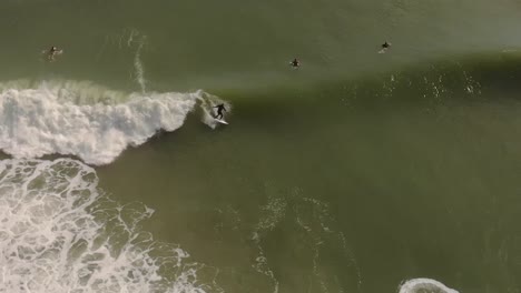 Aerial-flyby-of-surfers-catching-some-waves-alright-the-coastline