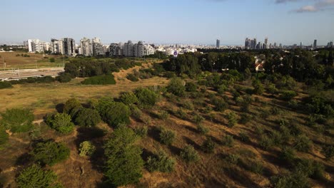 Schwenk-Drohnenaufnahmen-Der-Skyline-Von-Tel-Aviv,-Aufgenommen-Vom-Unabhängigkeitspark