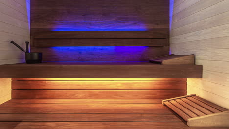 Vista-Estática-De-La-Sala-De-Sauna-De-Madera-Con-Luces-De-Colores-Junto-Con-Accesorios-Tradicionales-De-Sauna-Para-Relajarse