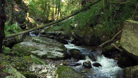 Mountain-river-flowing-over-rocks-and-boulders-in-forest,-Bistriski-Vintgar-Pohorje-mountain,-Slovenia,-hiking-and-outdoor-tourism-landmark,-ecology-clean-water-concept,-natural-resources,-4k-pan