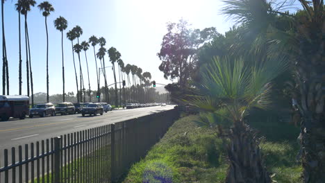 Looking-down-the-road-with-cars-along-Chase-Palm-park-and-the-beach-with-palm-trees-in-silhouette-against-a-bright-sun-in-the-beautiful-city-of-Santa-Barbara,-California