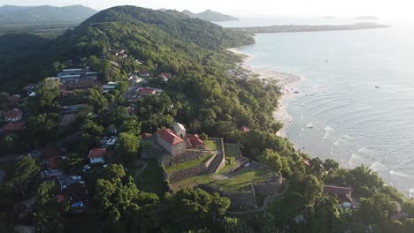 Drone-footage-of-the-São-José-da-Ponta-Grossa-Fort-in-Florianópolis,-Brazil