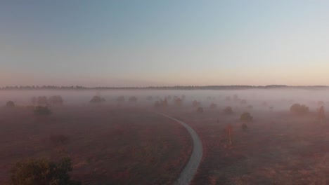 Forward-moving-aerial-view-of-early-morning-misty-landscape-of-moorland-with-a-dirt-road-meandering-in-the-middle-of-the-frame