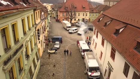 Aerial-view-of-the-movimentation-of-the-beautiful-medieval-city-of-Sighisoara