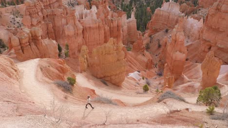 Female-hiker-walking-on-trail-with-hoodoos-around-in-Bryce-Canyon-National-Park-in-Utah,-USA