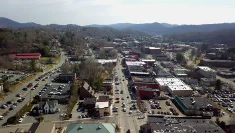 Aerial-wide-shot-looking-down-on-King-Street-in-Boone,-North-Carolina